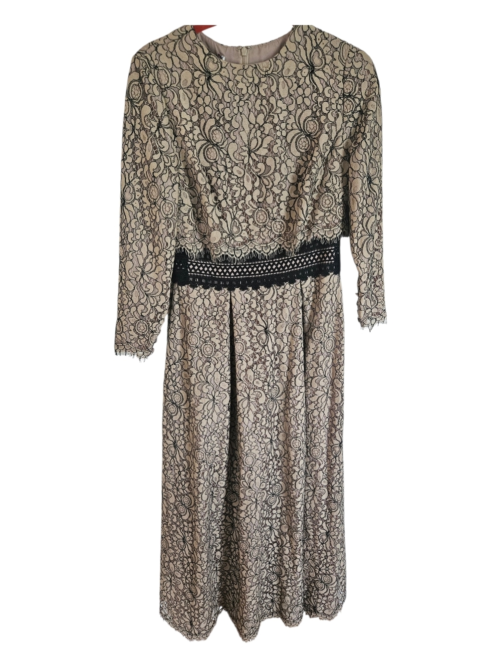 Naya Cream and Black Lace Long Sleeve Midi Dress